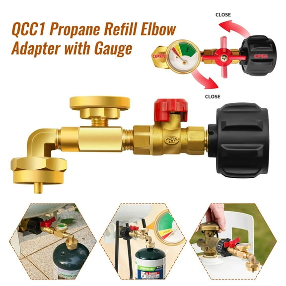 QCC Propane Filler Elbow Adapter, 90 Degree Propane Connector, Comes with A Propane Tank Gauge and Switch Control Valve, Suitable for 1LB Tank 20-40LBS Cylinder, Travel Out Camping Barbecue