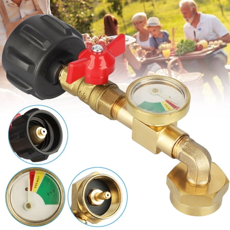 QCC1 Propane Refill Elbow Adapter with Propane Tank Gauge, 90 Degrees Propane Refill Adapter with ON-Off Control Valve, for Camping Grill 1LB Bottle Tank 20-40LBS Cylinder