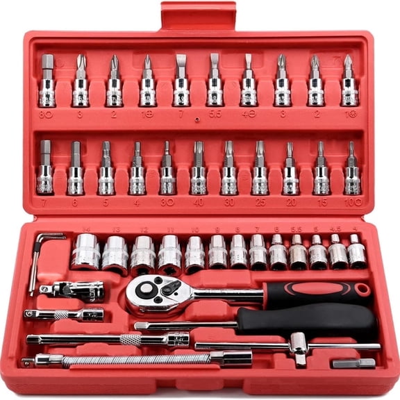 QCGJ 46-Piece Socket Wrench Set - 1/4" Drive Metric & SAE with Ratchet, Storage Case for Home & Auto Repair