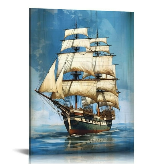 QCPP Artworks Posters Vintage Sailboat Pirate Ship Sailing on Ocean Map Route Canvas Wall Art Posters Gifts Bedroom Paintings Home Decor Hanging Picture 12x16 in