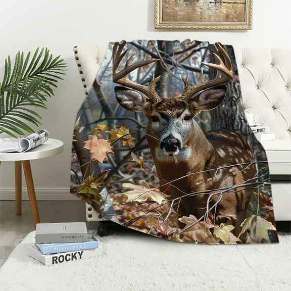 QCPP  Camo Buck Deer Blanket for Bed,  Woodland  Throw Blanket for Men, Women and Kids - Super Soft Plush Deer Blanket Throw 60x80in