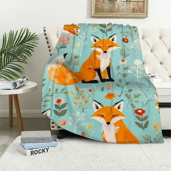 QCPP Cute Fox Throw Blanket Soft Cozy Plush  Blanket, 3D Printed Flannel Blanket for Couch, Decorative Fuzzy Throws for Sofa Bed Chair ( Cute Cartoon Fox)