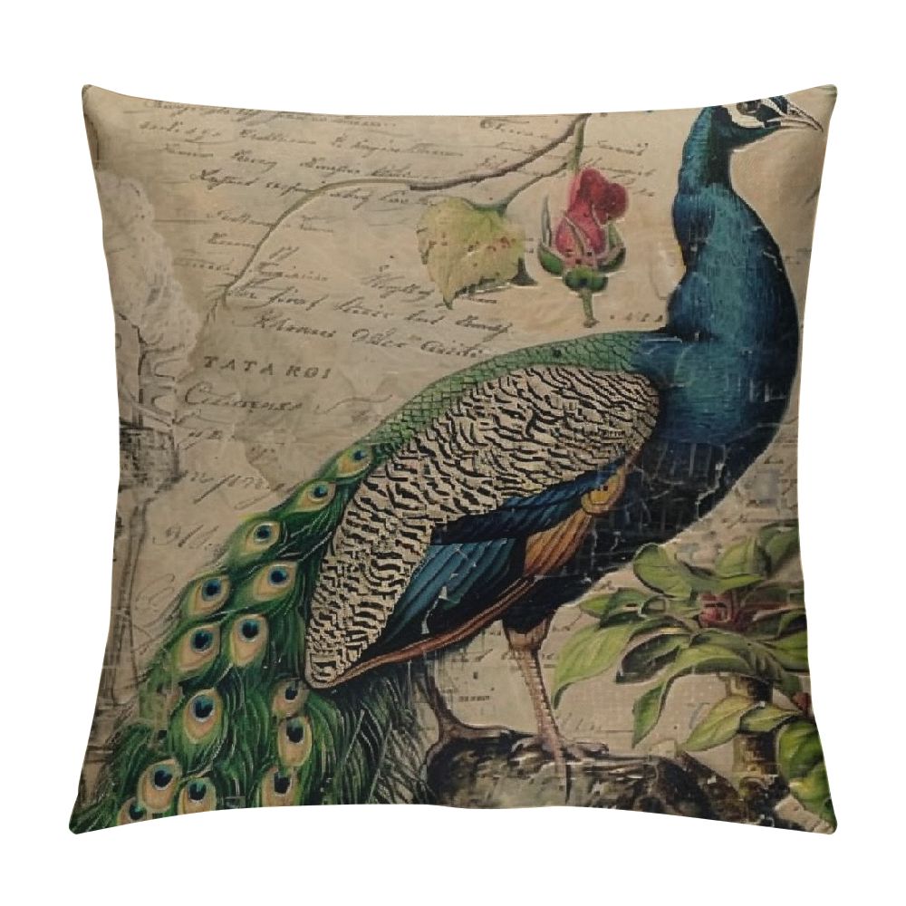QCPP French Vintage Watercolor Floral Peacock Cushion Cover Peacock