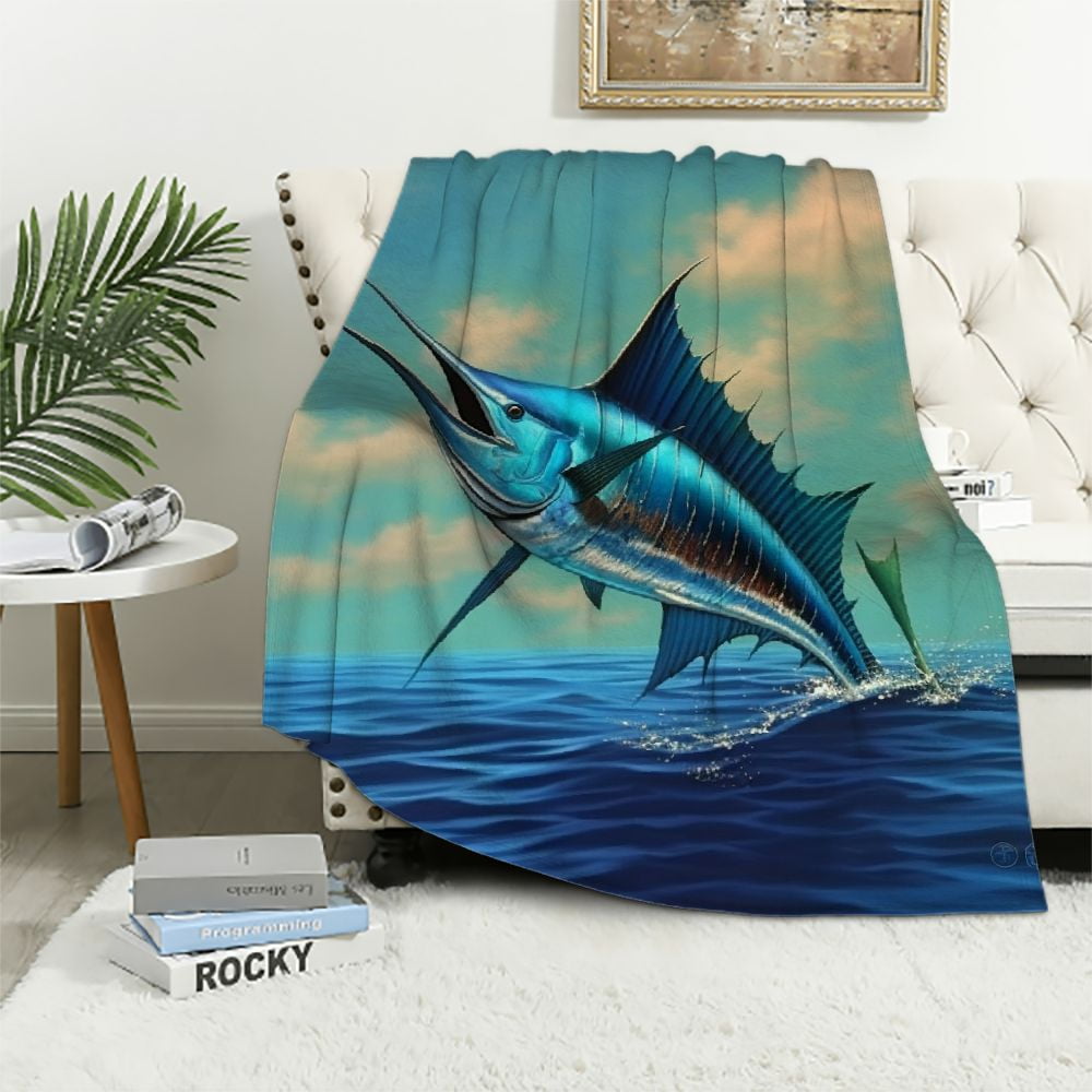 QCPP Marlin Swordfish Throw Blanket for Couch Underwater Animal Fuzzy Blankets Teal Ocean Plush