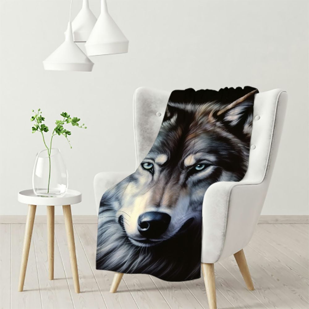 QCPP New Sig. Collection Indigo Wolf Face Queen Size Mink Blanket