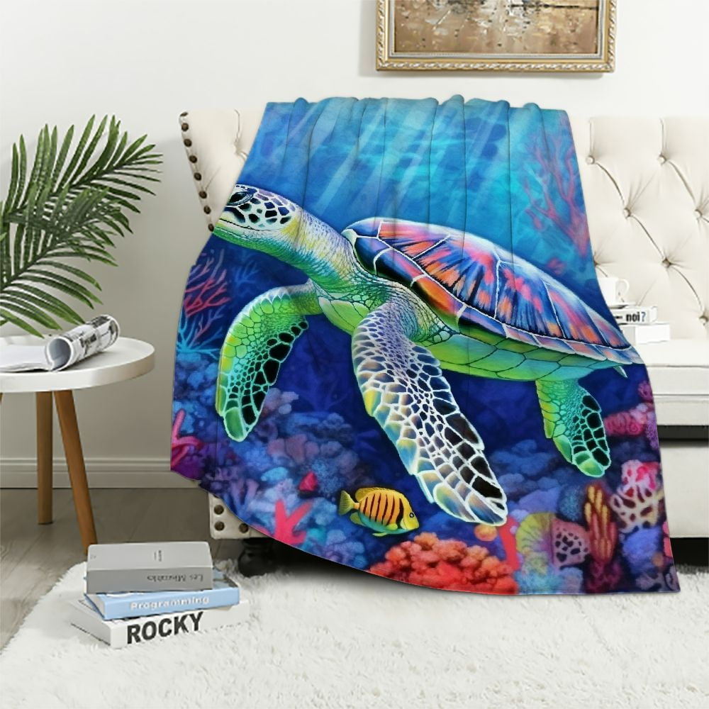 QCPP Sea Turtle Flannel Throw Blanket, Ocean Animal Tortoise Birthday ...