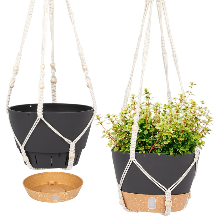 QCQHDU 2 Pack 8 inch Plastic Gray Hanging Planters with 3 Hooks, Hanging  Plant Pot Basket with Drainage Hole for Garden Home