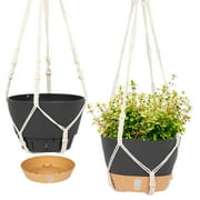 QCQHDU 2 Pack 10 inch Plastic Black Hanging Planters with 3 Hooks, Hanging Plant Pot Basket with Drainage Hole for Garden Home