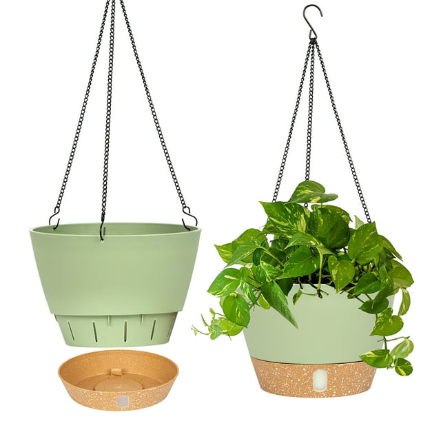 QCQHDU 2 Pack 10 inch Plastic Green Hanging Planters with 3 Hooks