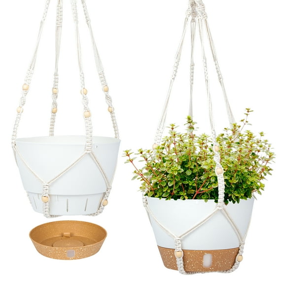 QCQHDU 2 Pack 10 inch Plastic White Hanging Planters with 3 Hooks, Hanging Plant Pot Basket with Drainage Hole for Garden Home