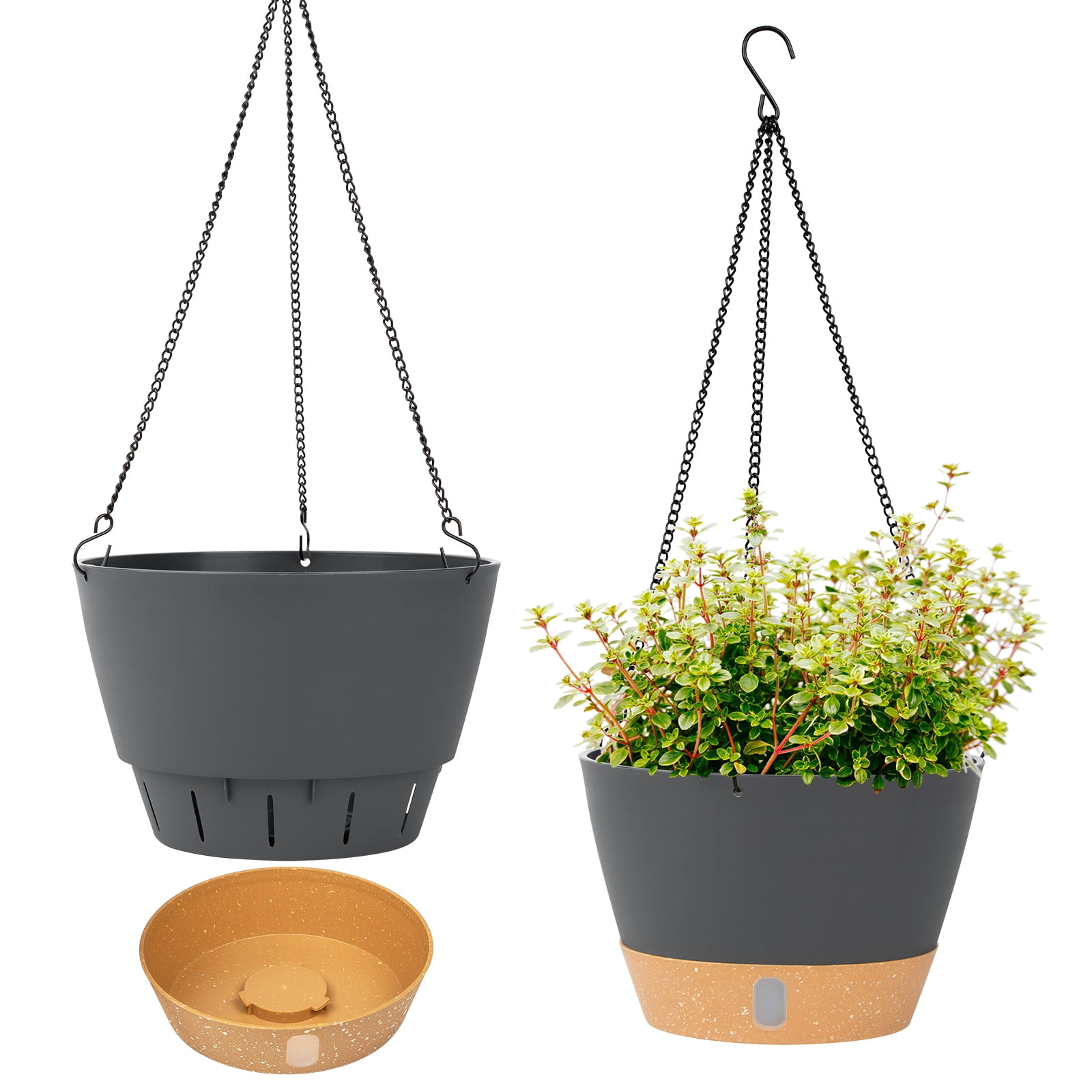 QCQHDU 2 Pack 8 inch Plastic Black Hanging Planters with 3 Hooks