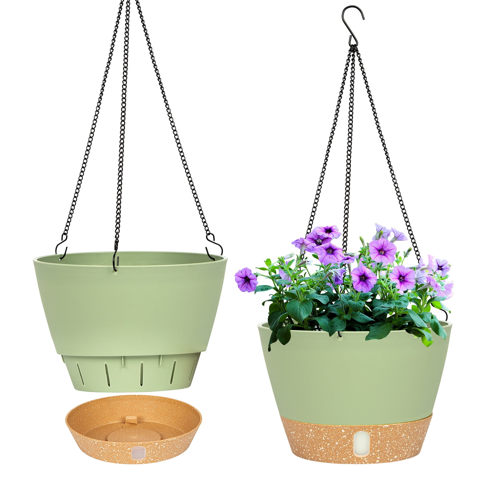 QCQHDU 2 Pack 8 inch Plastic Green Hanging Planters with 3 Hooks