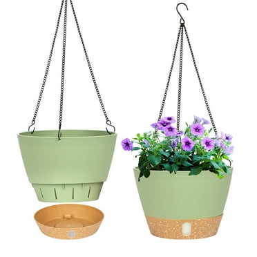QCQHDU 2 Pack 8 inch Plastic Green Hanging Planters with 3 Hooks, Hanging Plant Pot Basket with Drainage Hole for Garden Home