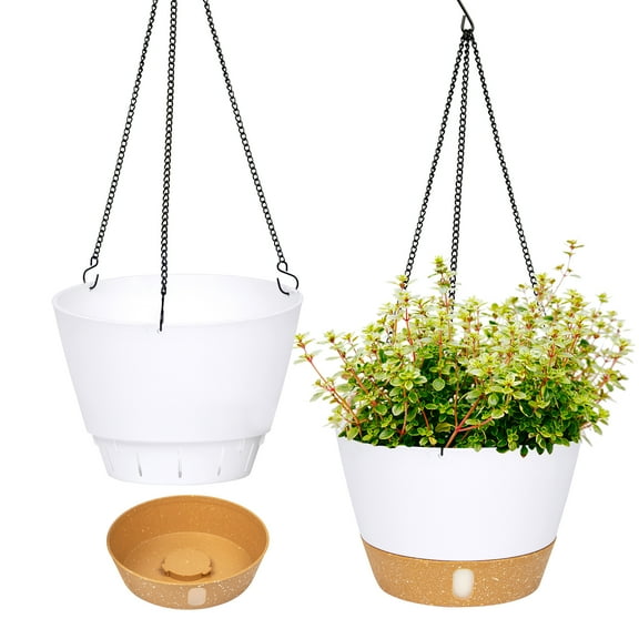 QCQHDU 2 Pack 8 inch Plastic White Hanging Planters with 3 Hooks, Hanging Plant Pot Basket with Drainage Hole for Garden Home