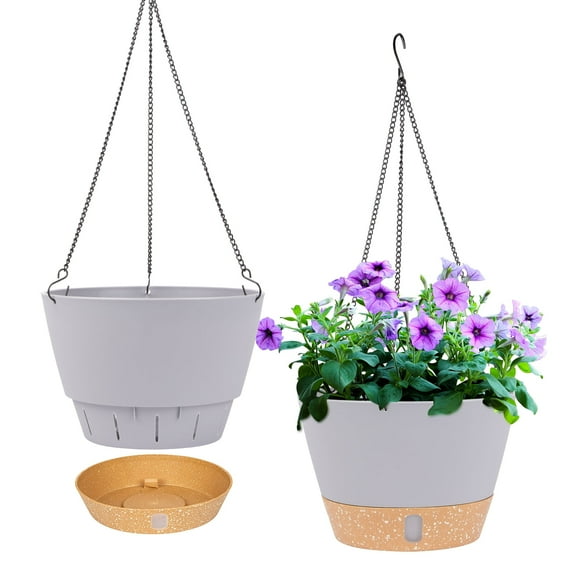 QCQHDU 2 Pack Hanging Planters Set,10 Inch Indoor Outdoor Hanging Plant Pot Basket,Hanging Flower Pot with Drainage Hole with 3 Hooks for Garden Home(Light Grey)