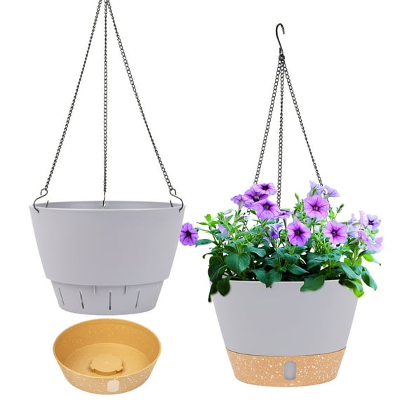 QCQHDU 2 Pack Hanging Planters Set,8 Inch Indoor Outdoor Hanging Plant Pot Basket,Hanging Flower Pot with Drainage Hole with 3 Hooks for Garden Home(Light Grey)