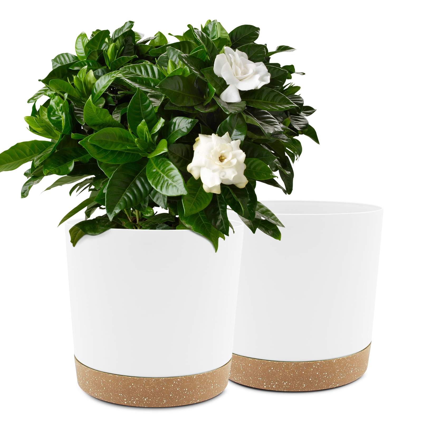 QCQHDU 2 Pack Plant Pot, 10 in White Plastic Indoor Planter with Drainage Holes and Removable Base
