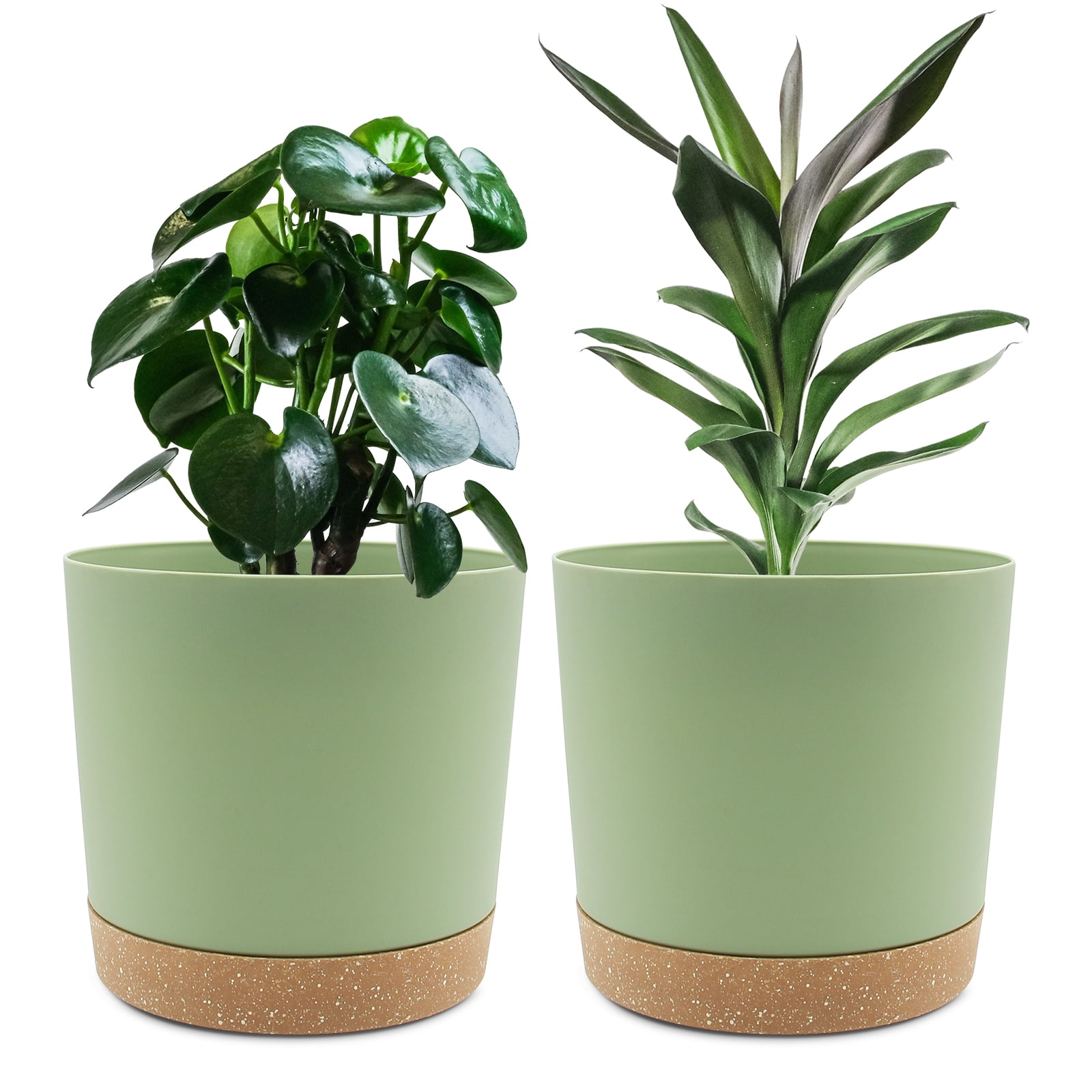8" Green Recyclable Plastic Indoor/Outdoor Planters with Drainage Holes and Removable Base, Set of 2