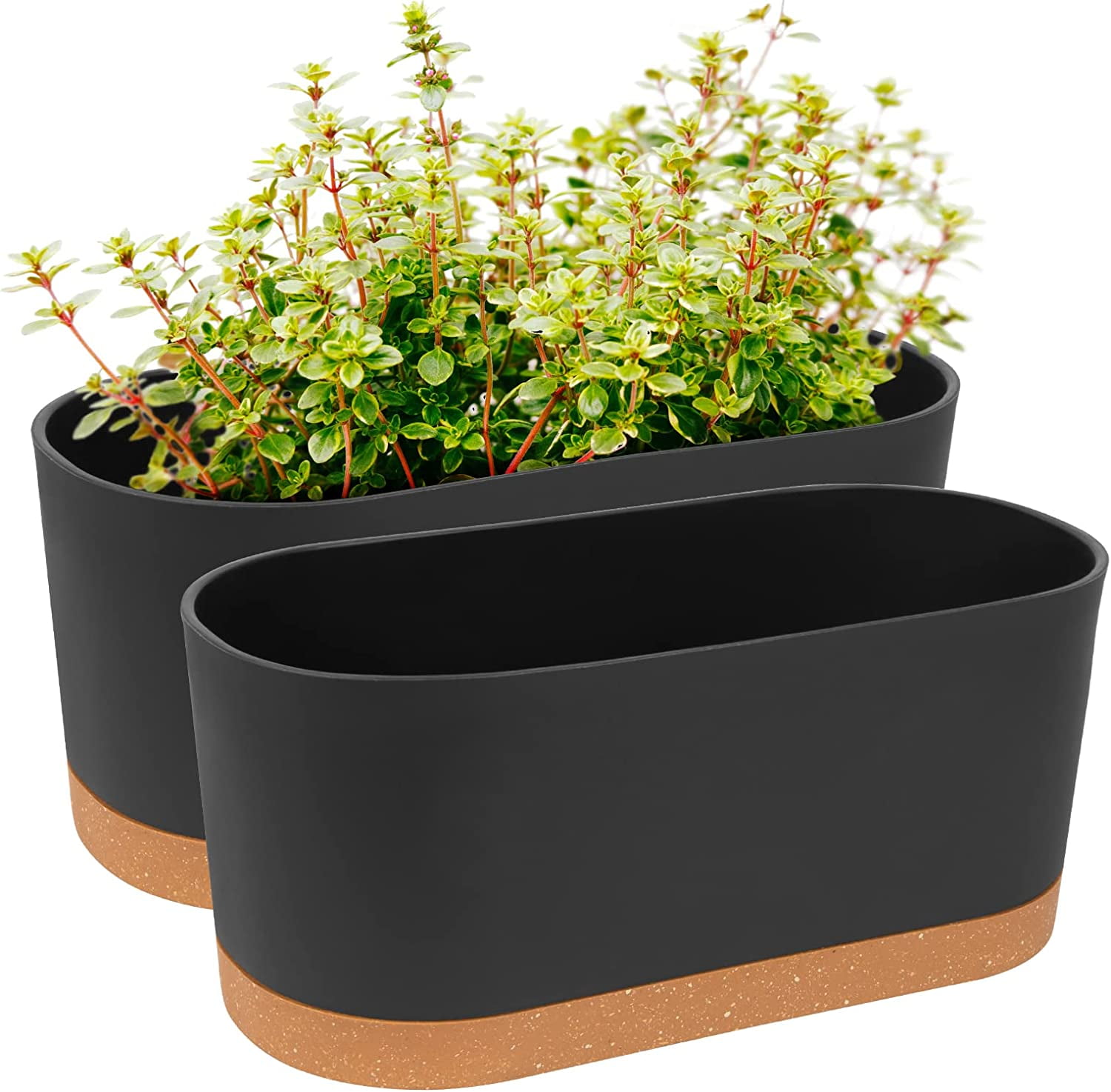 QCQHDU 2 Pack Window Boxes Planters,16”x 7" Self Watering Pots with Drainage Holes and Trays,Indoor Home Garden Modern Decorative Plant Pot for All House Plants Flowers Herbs (Dark Grey)