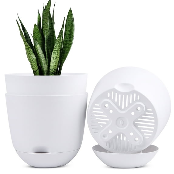 QCQHDU 3 Pack 10 in White Self Watering Plastic Planters High Drainage with Deep Saucer Reservoir