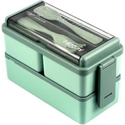 QCQHDU Bento Lunch Box 1400ml,2 Layer 3 Compartment Lunch Containers with Cutlery Set,Leakproof Bento Boxes with Compartments for Kids Adult,Meal Prep Containers for School Kindergarten Office（Green）