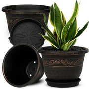 QCQHDU Plant Pots, 3 Packs 10 inch Planters with Drainage Hole Saucer, Plastic Flower Pots for Indoor Plants Retro Decorative for Outdoor Garden Container Sets(Gold-10 inch)