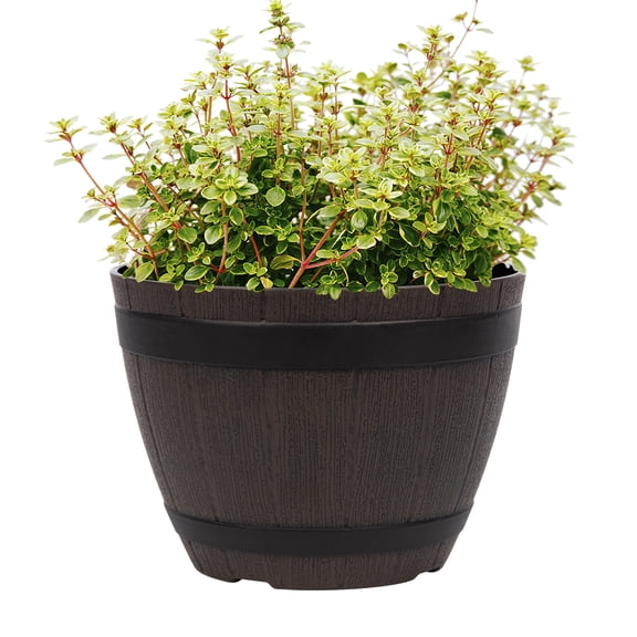 QCQHDU 9'' x 9'' x 6.30 '' Round Brown Plastic Whiskey Barrel Planters with Drainage Holes