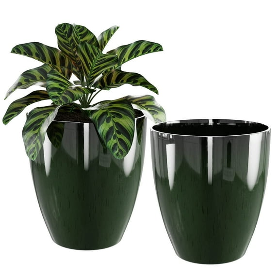 Plant Pots Set of 2 Pack,10 Inch Plant Pot for Indoor,Planter with Drainage Hole,Flower Pots Modern Round Planters for Outdoor Garden Home,Green
