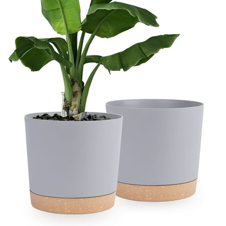 QCQHDU Plant Pots Set of 2 Pack 12 inch,Planters for Indoor Plants with Drainage Holes and Removable Base,Saucer Modern Decorative for Outdoor Garden Planters(Light Grey 12in)