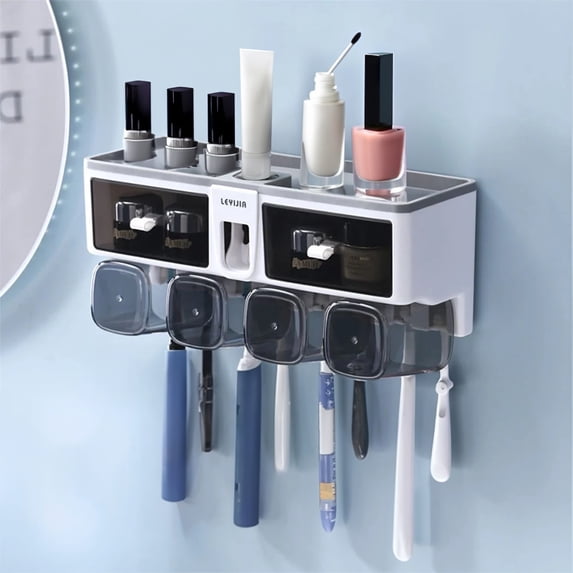 QCQHDU Toothbrush Holders for Bathrooms, 4 Cups Toothbrush Holder Wall Mounted with Toothpaste Dispenser, Bathroom Organizer Storage Accessories Set with 6 Toothbrush Slots