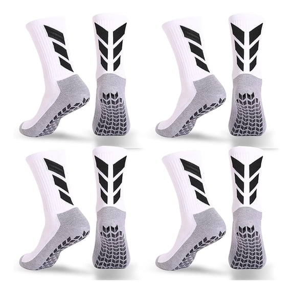 QCWQMYL Men's Grip Socks 4 Pairs All White Non Slip Soccer Athletic Running Hospital Socks for Men Non Skid Grippy Training Mens Socks One Size