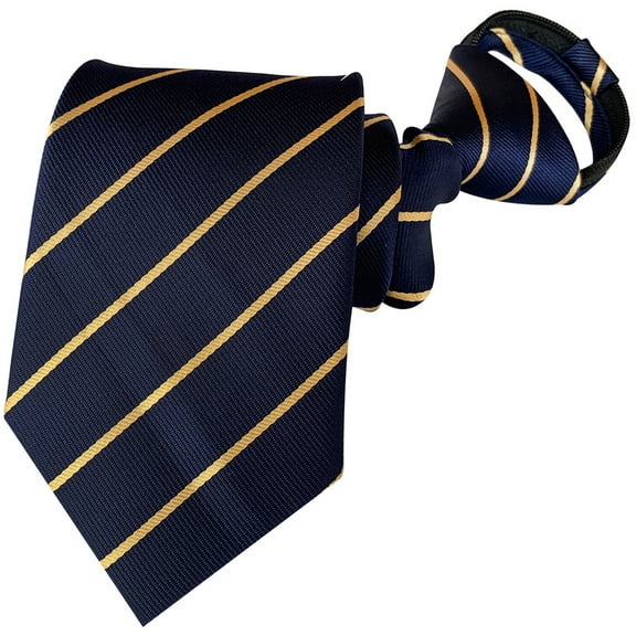QCWQMYL Men's Navy Gold Striped Zipper Ties Pre Tied Silk Formal Wedding Necktie