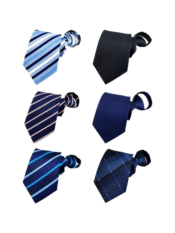 Mens 6Pcs Zipper Ties Pretied Wedding Formal Necktie Stripe Neck Tie Set Polyester Meeting