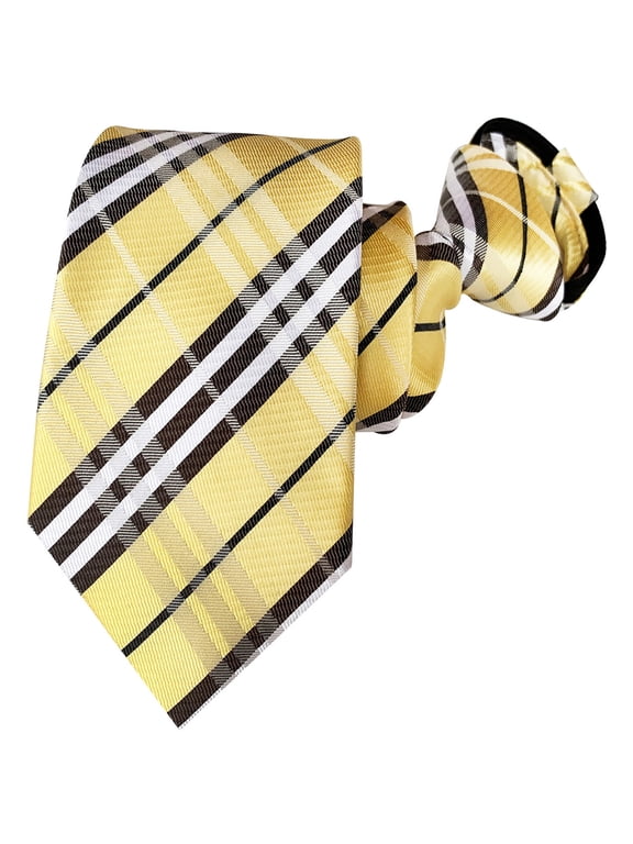 Mens Zipper Tie Gold Yellow Check Striped Pretied Necktie Business Wedding