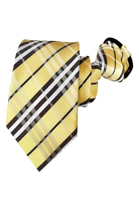 Mens Zipper Tie Gold Yellow Check Striped Pretied Necktie Business Wedding