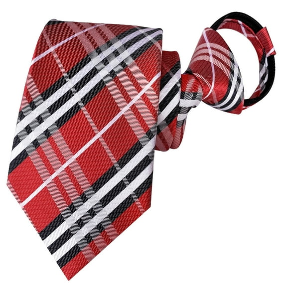QCWQMYL Mens Zipper Tie Red Check Striped Pretied Necktie Business Polyester Wedding Work Formal