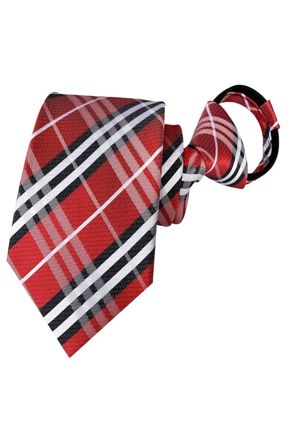 Mens Zipper Tie Red Check Striped Pretied Necktie Business Polyester Wedding Work Formal