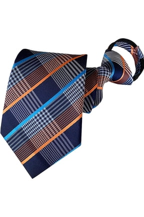 Mens Zipper Tie Striped Check Orange Blue Pretied Necktie Formal Wedding