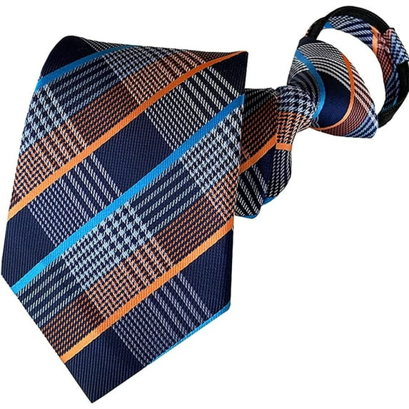 QCWQMYL Mens Zipper Tie Striped Check Orange Blue Pretied Necktie Formal Wedding
