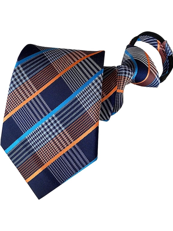 Mens Zipper Tie Striped Check Orange Blue Pretied Necktie Formal Wedding
