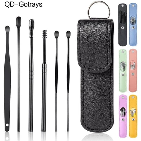 QD-GOTRAYS 6 Pcs Ear Pick Ear wax Removal Kit Cleansing Tool Set Curette Cleaner 360° Spiral Design Canal Cleaner Stainless Steel,with a Storage Box Portable Kit for Home and Travel