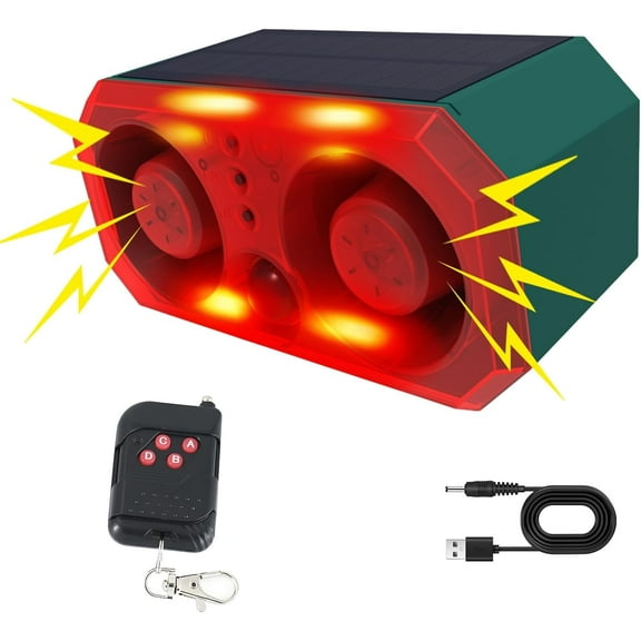 QD-Gotrays Solar Outdoor Motion Sensor Alarm with 13 Sounds, Support Recording and Adjustable Volume, 130db Dual Speaker Motion Detector Alarm Light with Remote for Farm, Yard, Orchard, Building