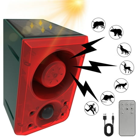 QD-Gotrays Solar Outdoor Motion Sensor Alarm-Dog Barking&Gunshot Sound,Support Recording&±Volume,130db Loud Noise Maker,3 Work Modes Strobe Light with USB,Say Goodbye to The Intruders