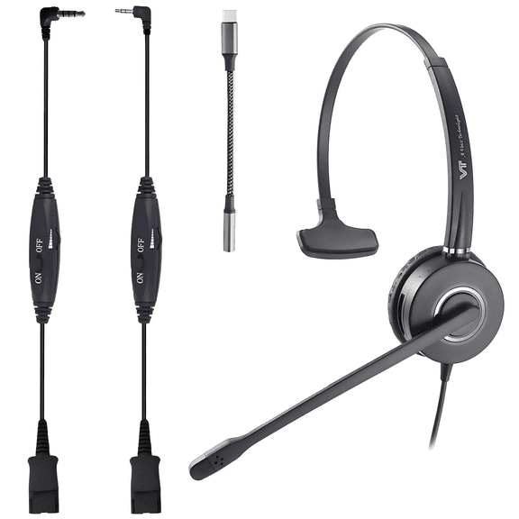 QD Headset with 3.5mm Jack&USB-C Adapter for PC,Cellphone,Tablet, 2.5mm Jack Compatible with Panasonic-Cisco-AT&T-Grandstream IP Phones, etc. with Mute, Volume Control