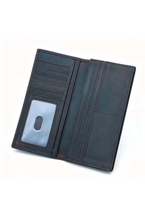 Men's Wallet Crazy Horse Leather Long Wallet Bifold Genuine Leather Retro Wallet