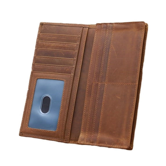 QD Men's Wallet Crazy Horse Leather Long Wallet Bifold Genuine Leather Retro Wallet