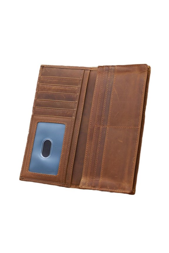 QD Men's Wallet Crazy Horse Leather Long Wallet Bifold Genuine Leather Retro Wallet