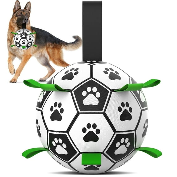 QDAN Durable Dog Toys Soccer Ball with Nylon Straps Hand Pump for Puppies Medium Large Dogs, 7-inch