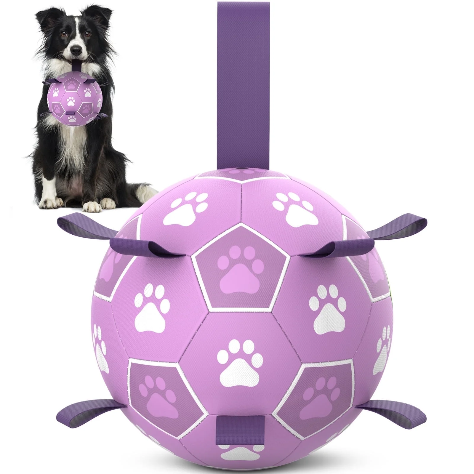 QDAN Durable Dog Toys Soccer Ball with Nylon Straps Hand Pump for Puppies Medium Large Dogs, Pink & Purple, 6-inch