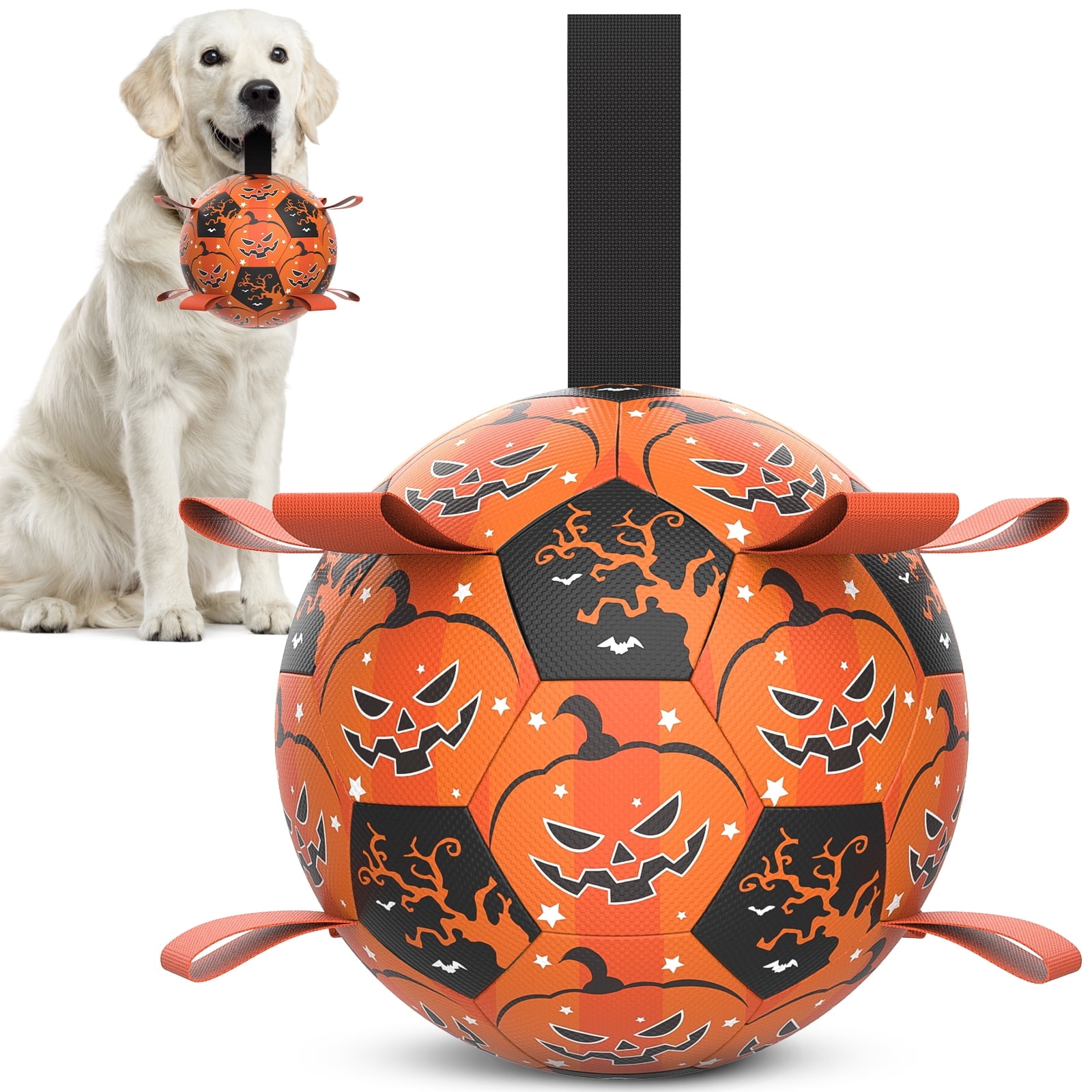 QDAN Halloween Dog Toys Soccer Ball with Straps, Interactive Dog Toys for Small Medium Large Dogs, Orange & Black, 7inch